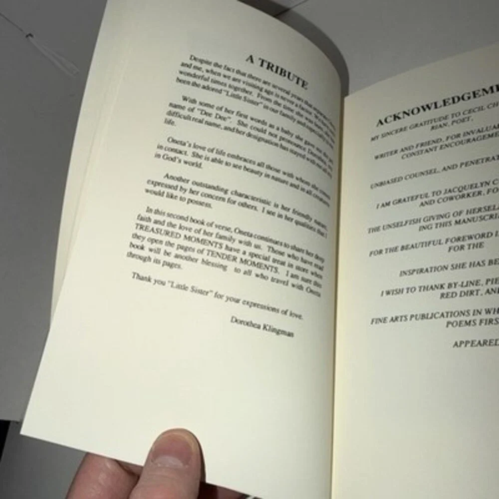 Tender Moments, A Book Of Poetry By Oneta Moore Whitlock Of Oklahoma City 1991